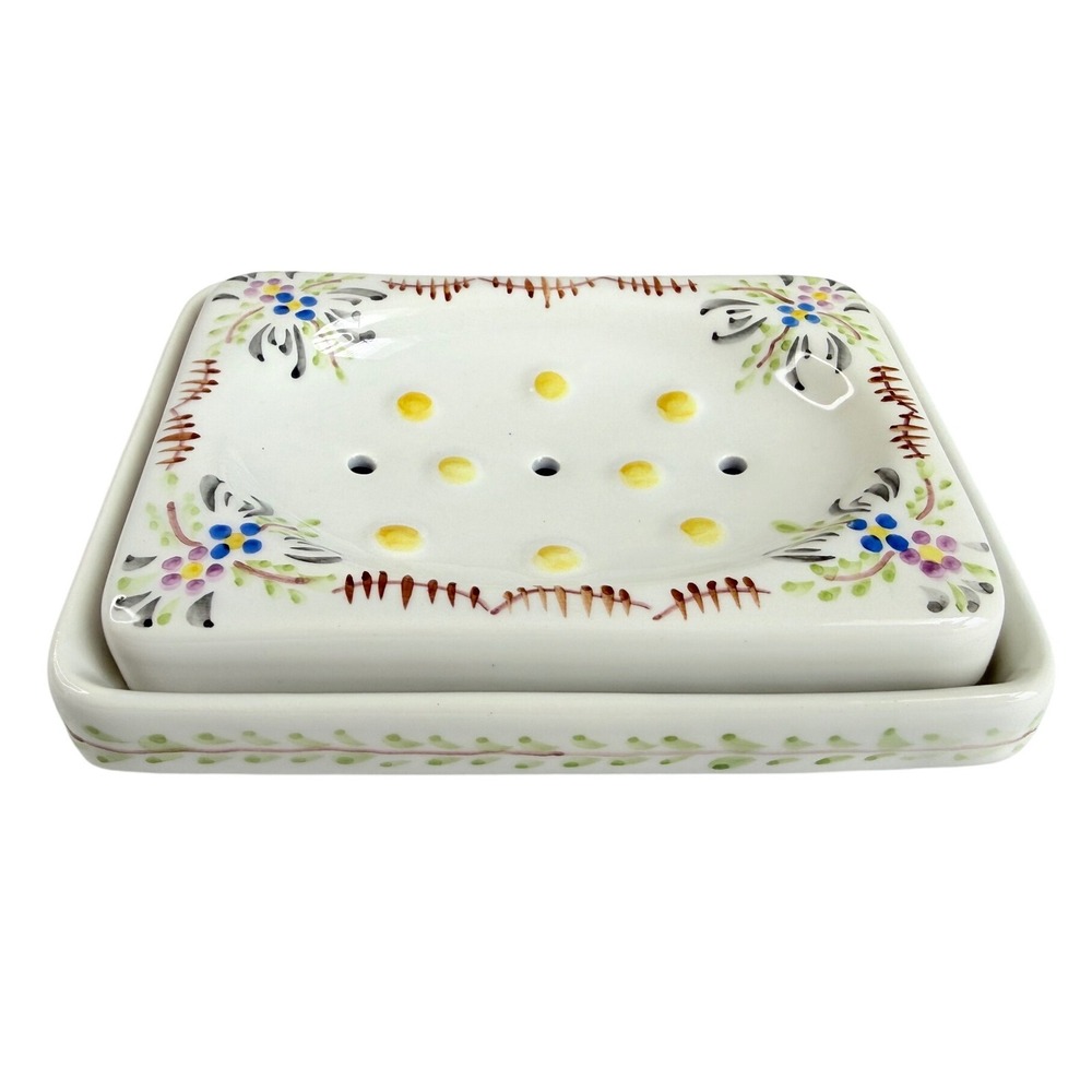 A.C.A. Soap Dish Set White Excellent Hand Painted Floral Portugal Vintage